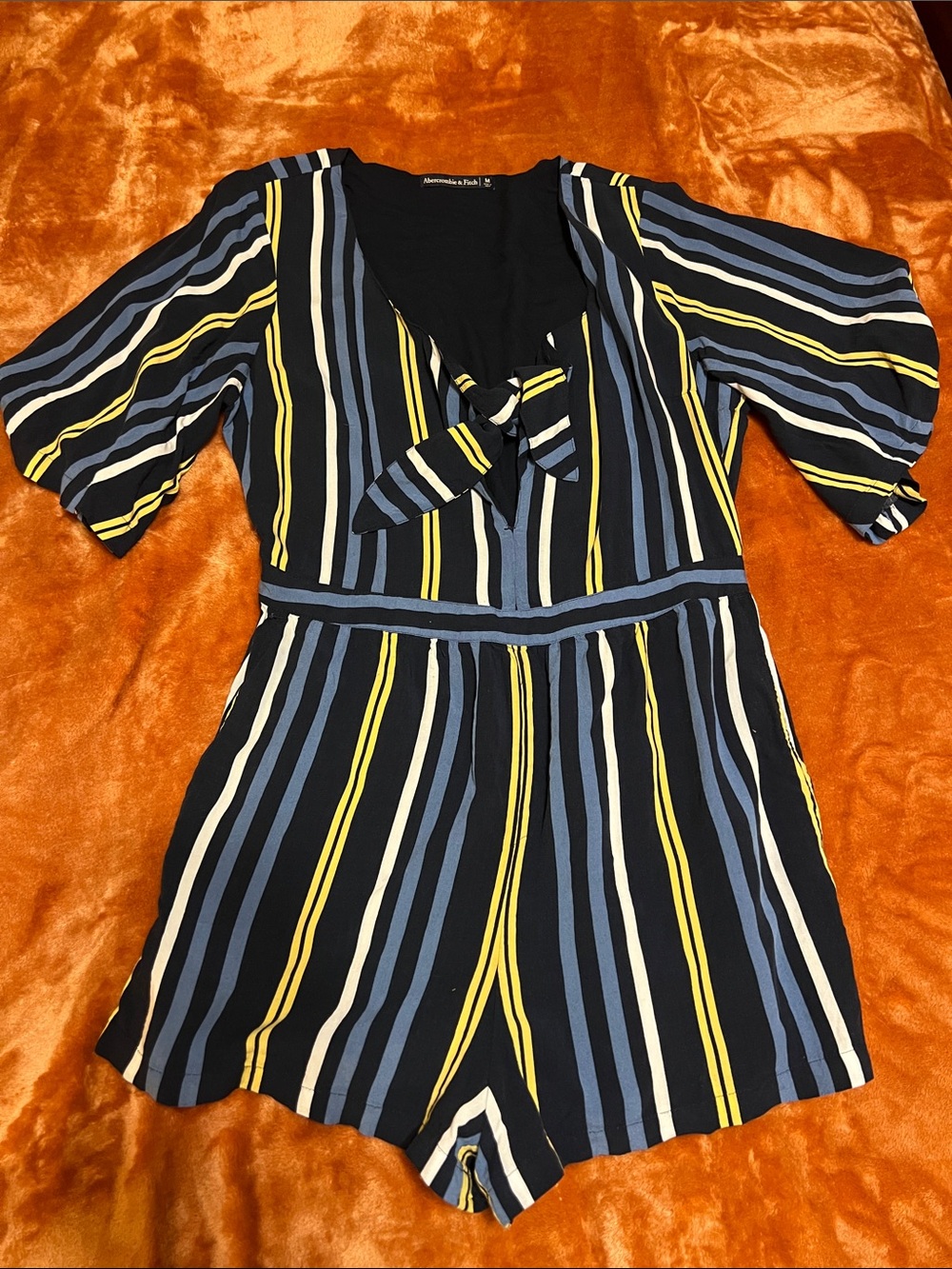 Abercrombie & Fitch Black Striped Tie-Front Romper with Blue & Yellow